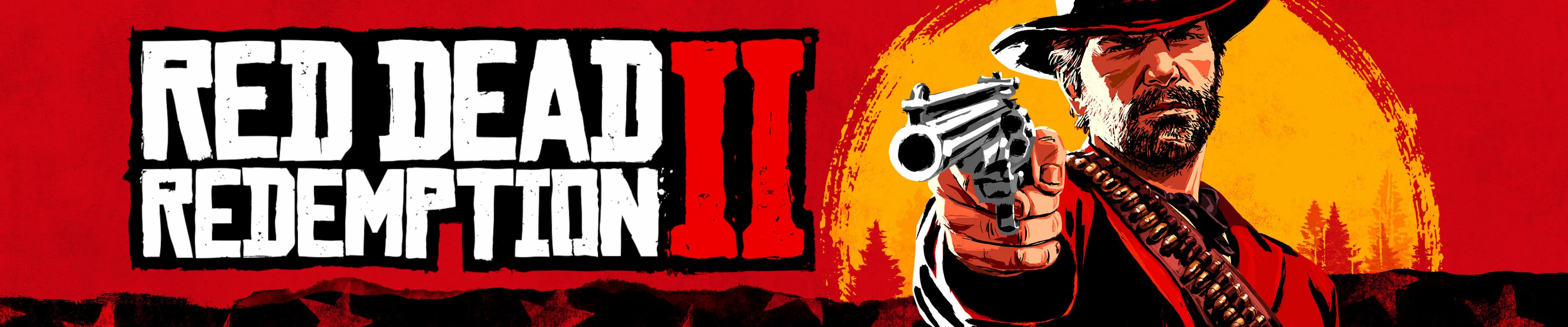 A bearded cowboy in a hat holds a gun toward the viewer, set before a stylised sunset and red background.